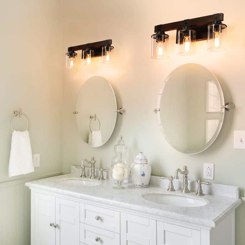 19" Rustic 3-Light Vanity Light, Industrial Bathroom Wall Sconce with Glass Shades and Wood Accent (No Bulbs) - Walnut