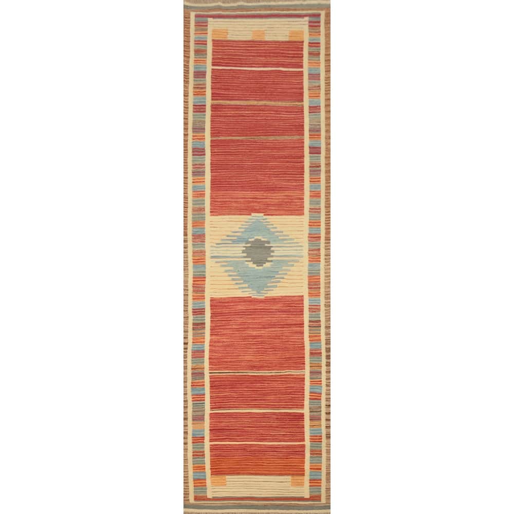 Hand Woven Oriental 100% Wool Carpet Southwestern Tribal Oranges & Rust Kilim Runner Rug - 12' 1'' X 2' 8''