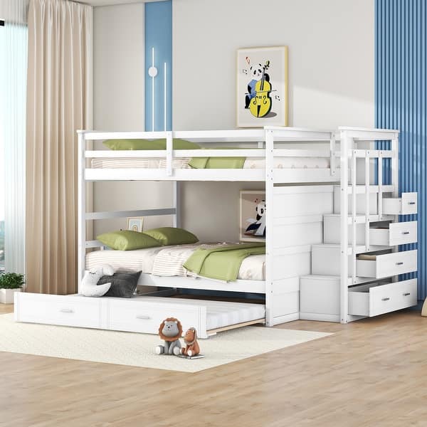 slide 2 of 42, Full Over Full Bunk Bed with Trundle and Stairs, Wooden Storage Bed with Pull-out Drawers and Guardrail for Kids Bedroom White - Full