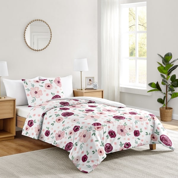slide 2 of 6, Burgundy and Pink Watercolor Floral Girl 2pc Twin Comforter Set - Blush Maroon Wine Rose Green Shabby Chic Flower Farmhouse