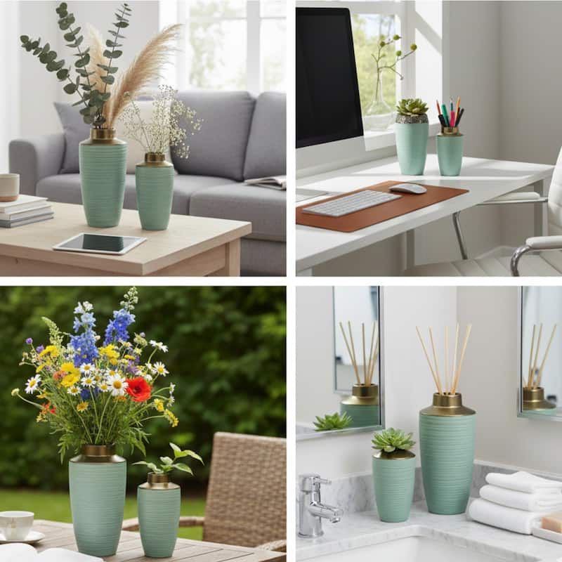 Aria Home Green Ceramic Vases Copper Rim Décor Display Set of 2