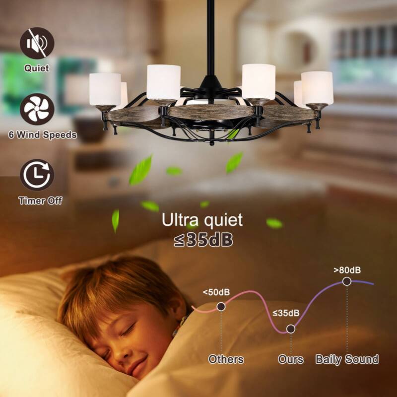 33 inch Chandelier Ceiling Fan for Bedroom Dining Room Living Room Kitchen Farmhouse Entry,Matte Black+ Wood Grain