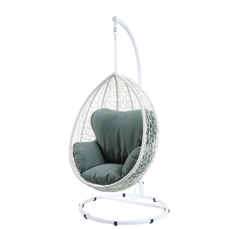Metal Patio Swing Chair with Cushioned Seating and Round Base, White and Gray