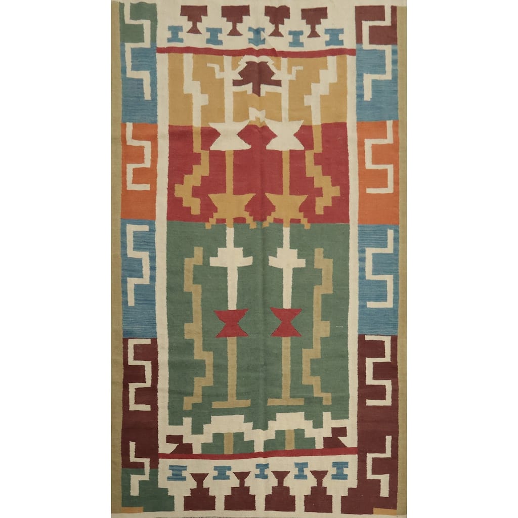 Hand Woven Oriental 100% Wool Carpet Southwestern Tribal Multi-Colored Kilim Area Rug - 8' 10'' X 5' 6''