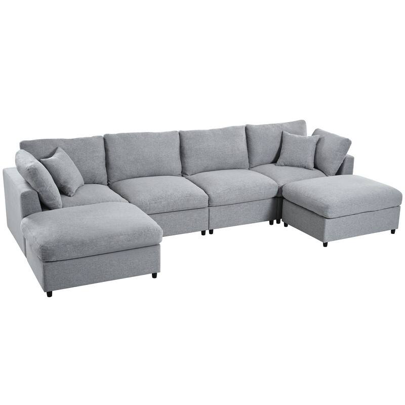 U-Shaped 6-Piece Sectional Sofa with Movable Ottomans Modular Design Soft Chenille Fabric for Versatile Seating