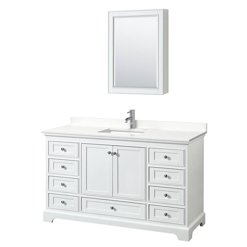 Deborah 60-inch Single Vanity, Quartz Top, Medicine Cabinet - White, Chrome Trim, White Quartz Top