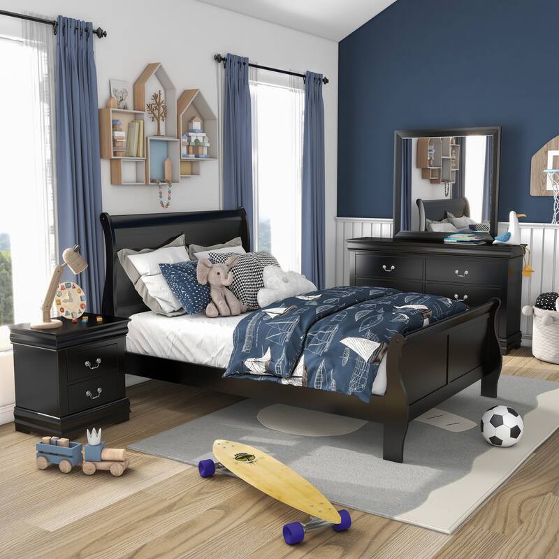 Furniture of America Mayday Traditional Solid Wood Kids 4-Piece Sleigh Bedroom Set - Black - Full