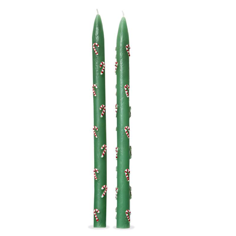 Hand Painted Candy Cane Taper Candles - Christmas Green Multi, 12" Paraffin Wax, 6hr Burn Time, Novelty Decor