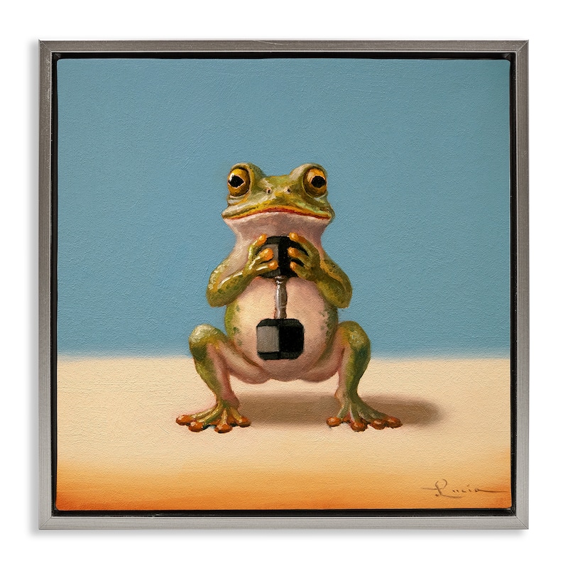 Stupell Frog Lifting Weights Framed Floater Canvas Wall Art Design By Lucia Heffernan - 25 x 25 - Grey