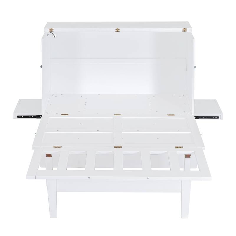 Full Size Murphy Bed Cabinet Bed with USB Port and Removable Shelves on Each Side, Two Movable Desks