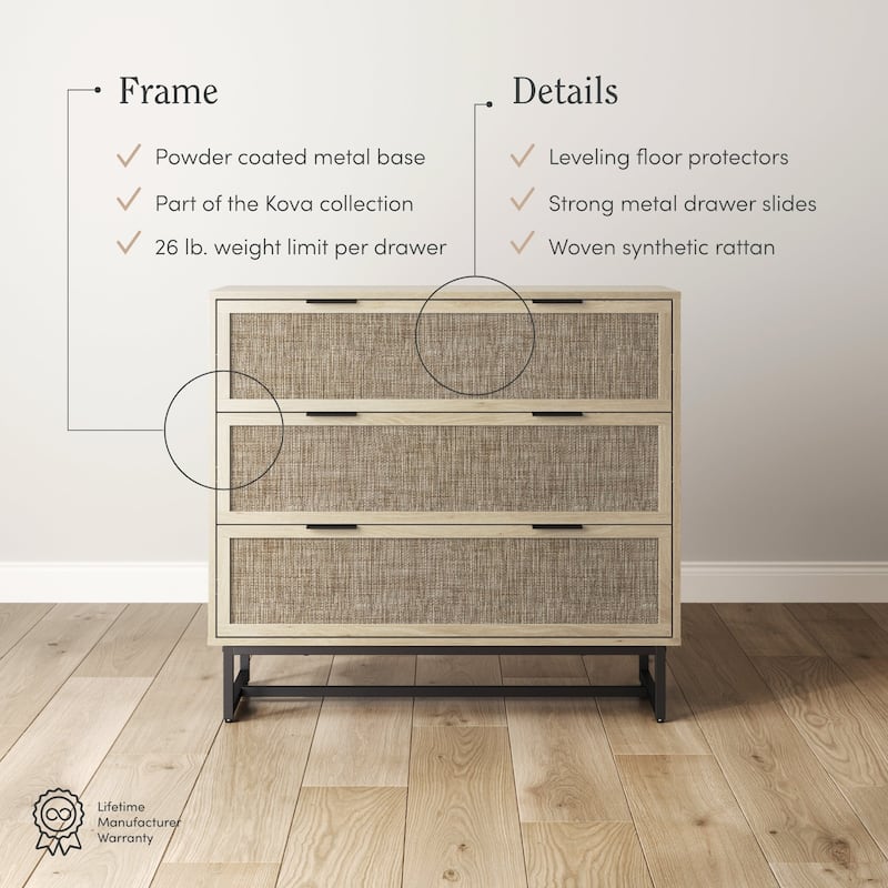 Kova 3-Drawer Rattan Dresser or Bohemian Living Room Storage Cabinet with Textilene Rattan Accent and Metal Legs