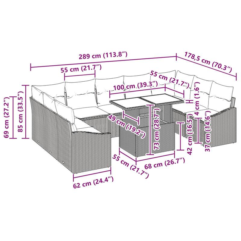 vidaXL 10 Piece Garden Sofa Set with Cushions - 113.8×70.3×27.2