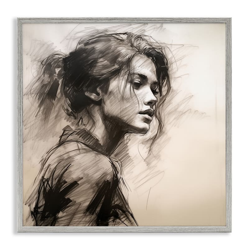 Stupell Traditional Sketch Portrait of Woman Framed Giclee Art Design By Heidi Kuntz - 12 x 12 - Grey