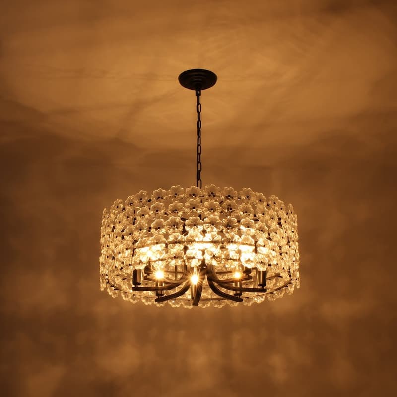 Mid-Century 8-Light Glass Blossom Round Cage Chandelier 25.6 in