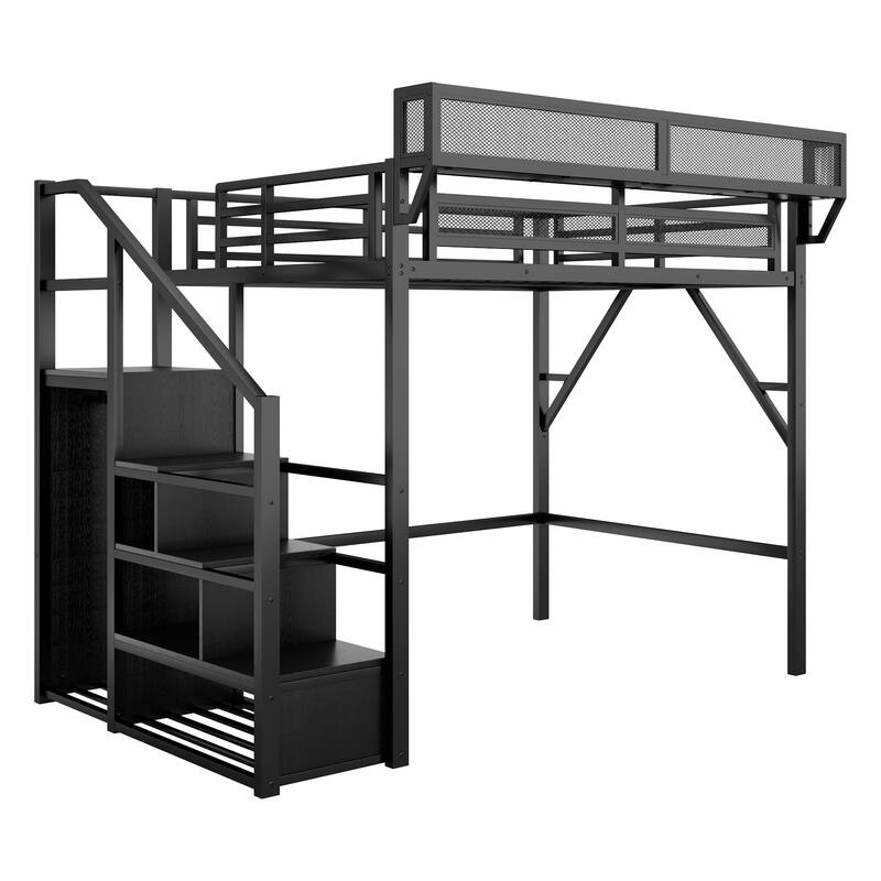 Full Size Loft Bed with Stairs, Metal Full Loft Bed with Storage Shelves, High Loft Bed with Wardrobe for Kids Teens