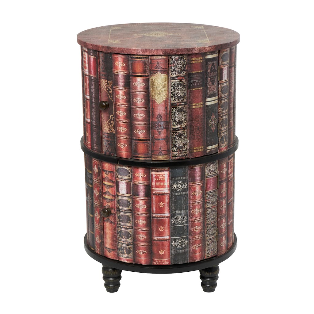 Faux Leather Circular Storage 2 Door Cabinet with Stacked Book Design and Scroll Details - Red - Roche River Décor.
