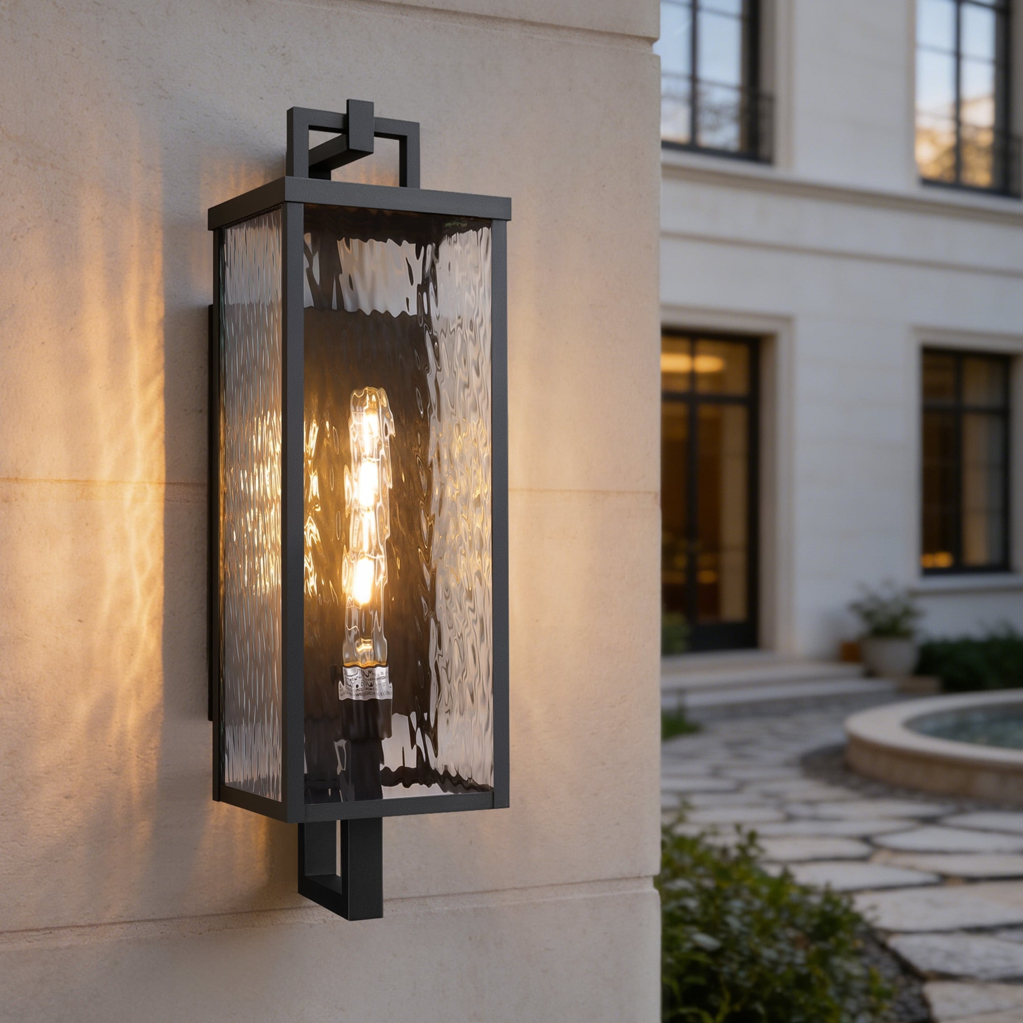1-Light LED Outdoor Wall Lantern Black Wall Fixture w/ Ripple Glass - 22 inch