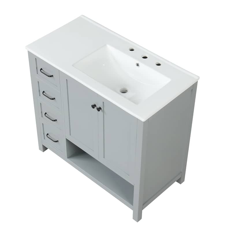 Roomfitters 36" Bathroom Vanity with Sink Top Cabinet with 2 Doors 2 Drawers Open Shelf Solid Wood and MDF Boards