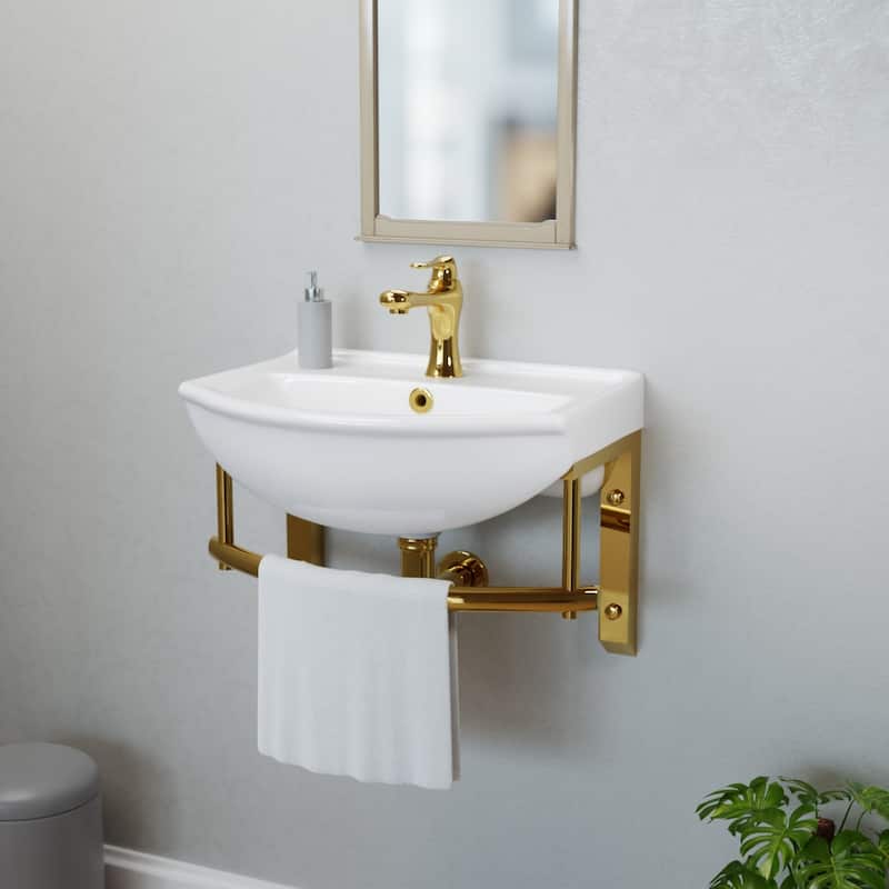 White Ceramic Wall Mount Bathroom Sink with Brass Faucet and Sink Drain