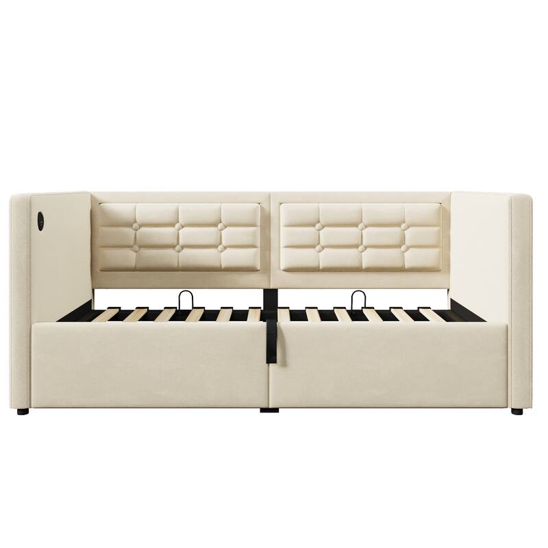 Beige Velvet Twin Daybed with Hydraulic Storage, USB Charging & Tufted Back!