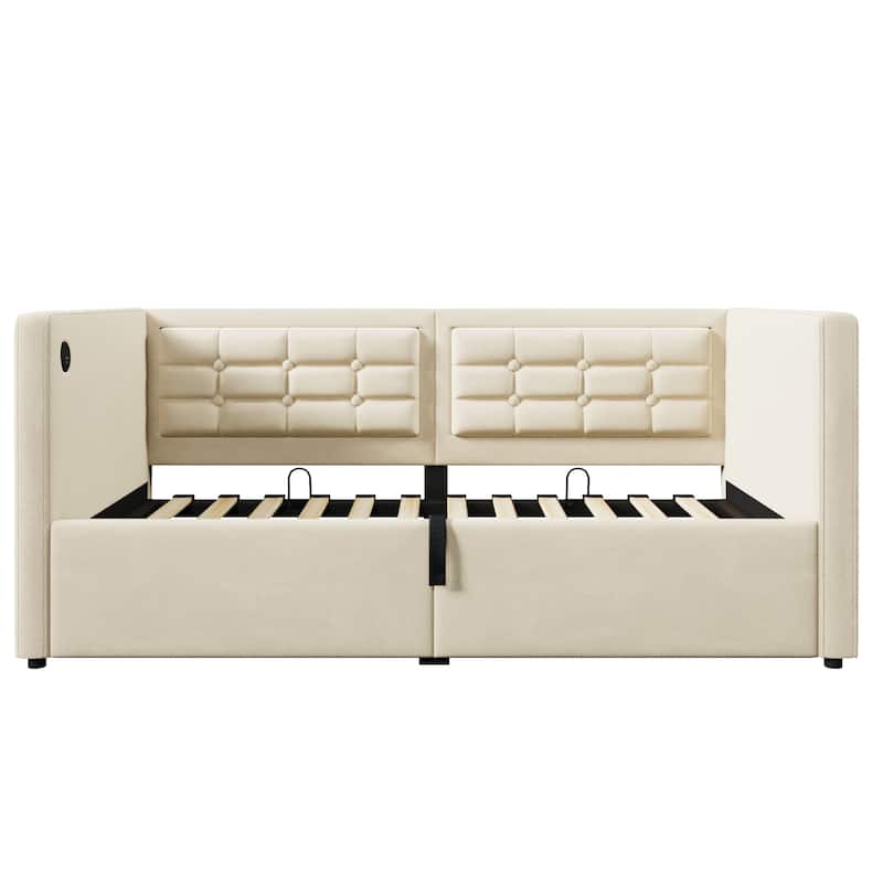 Velvet Tufted Upholstered Daybed Hydraulic Storage Twin Bed Frame with USB & Type-C Charging, Side Pockets and Wooden Slats