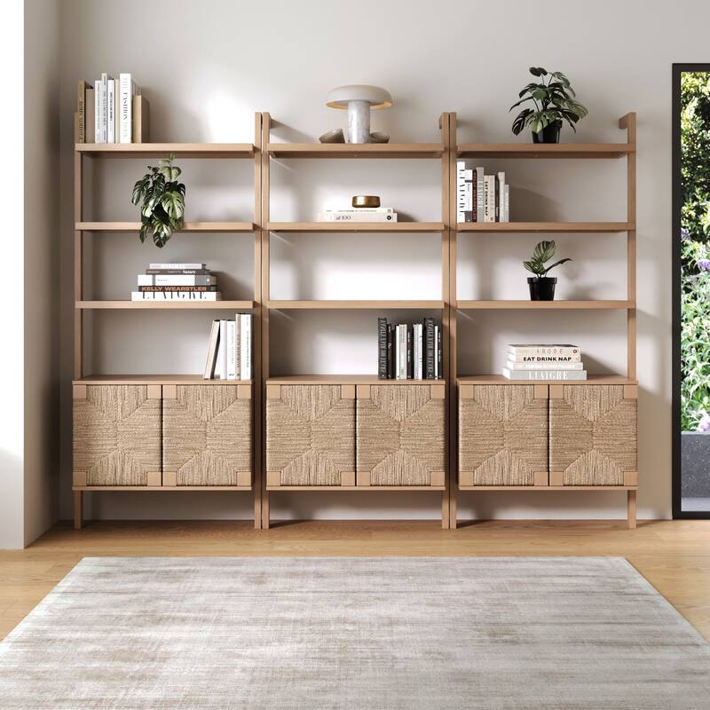 Beacon 3-Shelf Bookcase with Seagrass Cabinet, Solid Wood Bookshelf with Storage with Solid Wood Frame