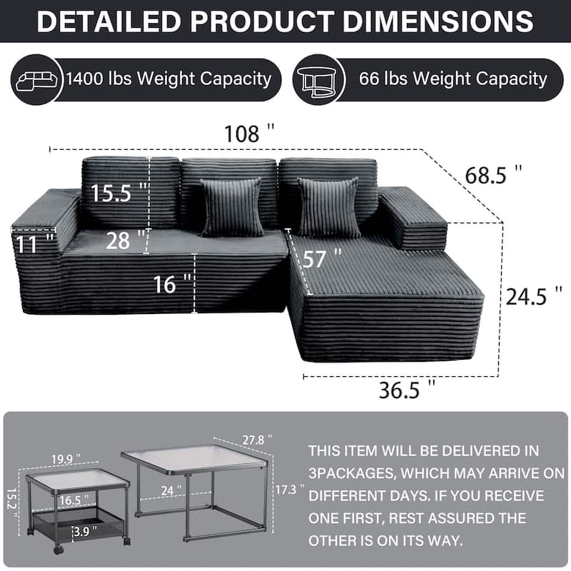 Meyreso No Assembly Required Long Plush L-Shaped Sectional Sofa with Square Nesting Coffee Tables