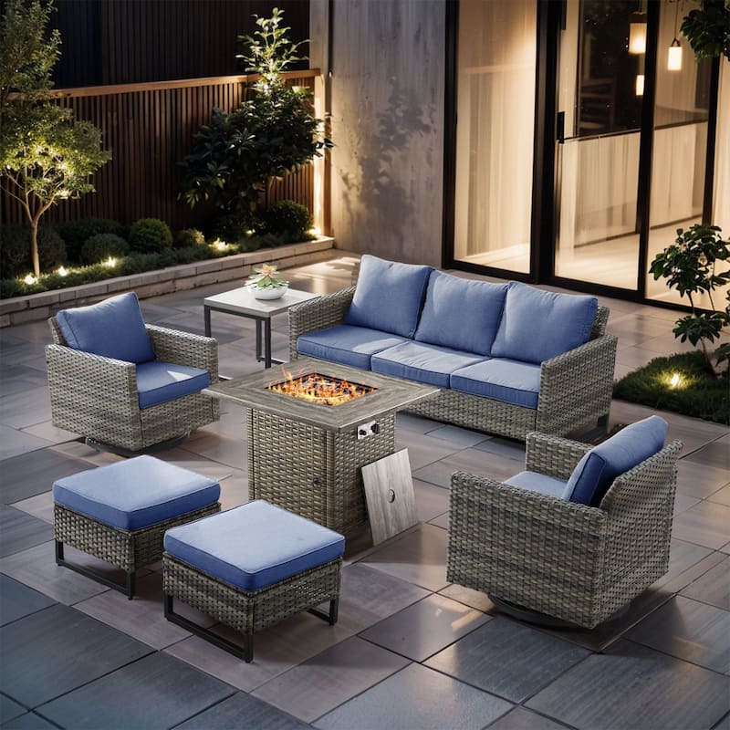 7 Pieces Fire Pit Table with Sofa Swivel Chair Ottoman Set - Gray Wicker - Blue cushion