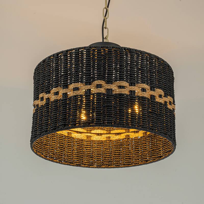 Kira 3-Light Rattan Rope Drum Pendant, Coastal Boho - Handwoven - 18" Wide