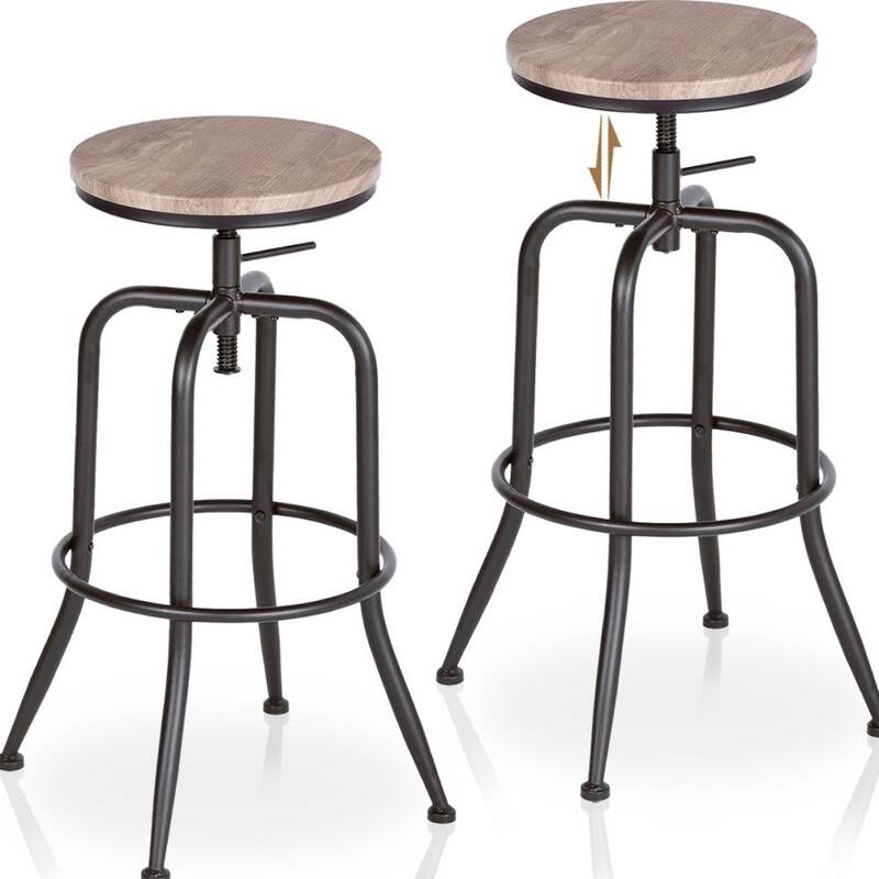 Walnut Wood Backless Adjustable Swivel Bar Stools with Black Iron Frame and Footrests Set of 2 - 15.5” x 15” x 30.3” (D x W x H)