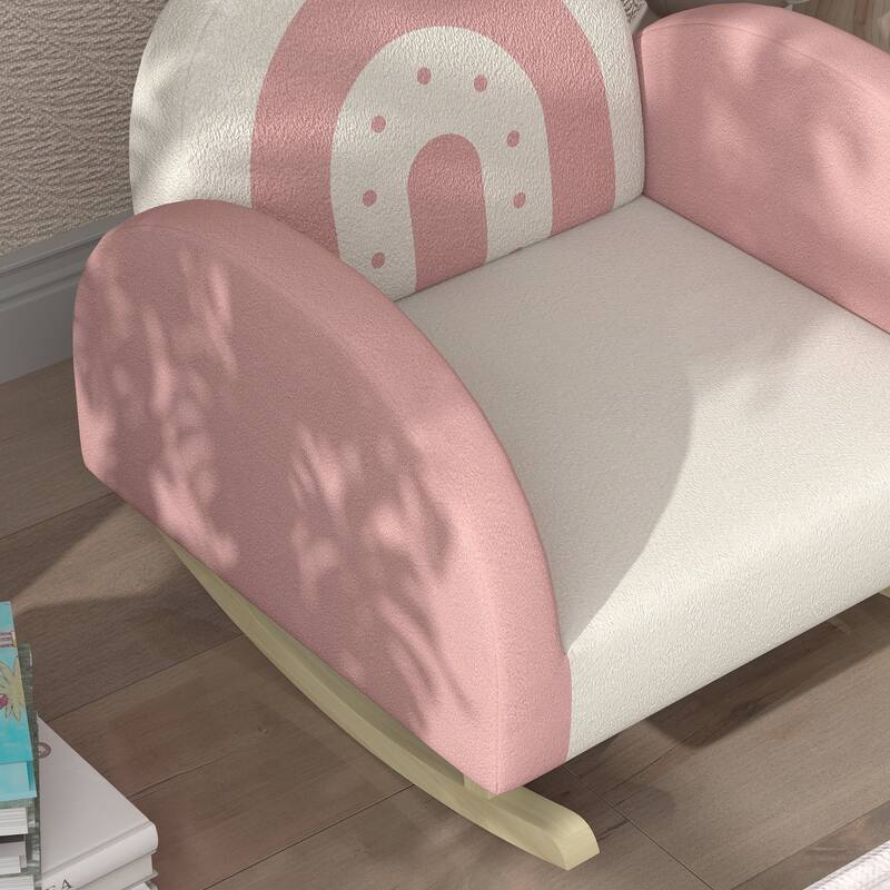 Pink Toddler Rocking Chair with Velvet Seat and Rainbow Pattern Crown Decoration for Bedrooms or Playroom