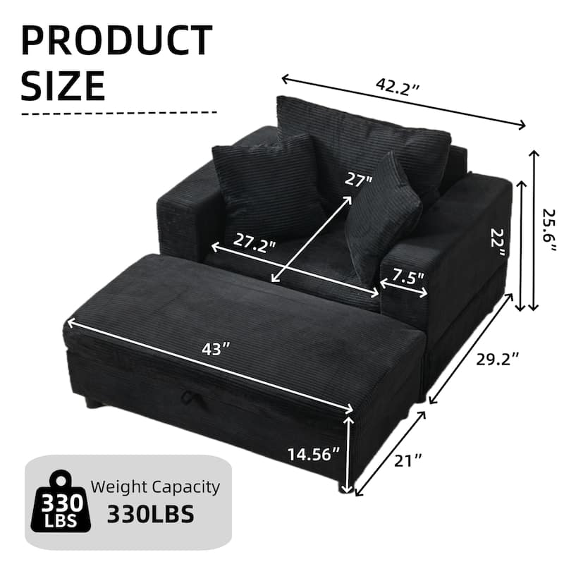 Chaise Lounge Chair with Removable Ottoman, Modern Accent Armchair Corduroy Sleeper Sofa Chair with Pillows for Living Room