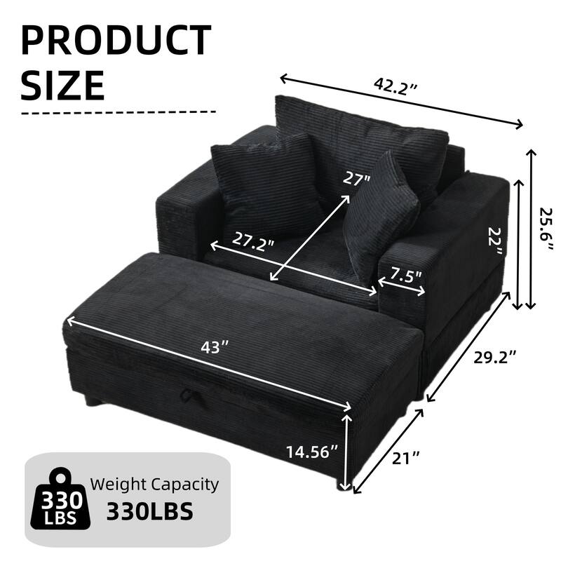 Upholstered Chaise Lounge Chair with Removable Ottoman, Accent Sofa Bed Sleeper Couch Bed, Armchair with Lumbar Pillows
