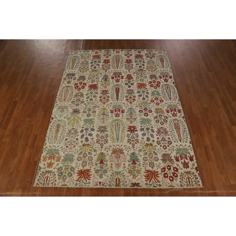Hand Knotted Oriental 100% Wool Carpet Traditional All-Over Beige & Ivories Ziegler Area Rug - 7' 7'' X 5' 7''
