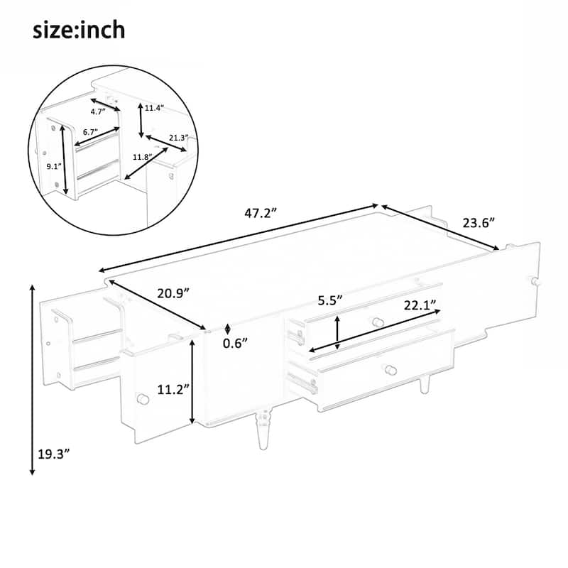 Modern Rectangle Coffee Table with Four Drawers, Two Side Hidden Storage Compartments, 47.2" Wood Coffee Table