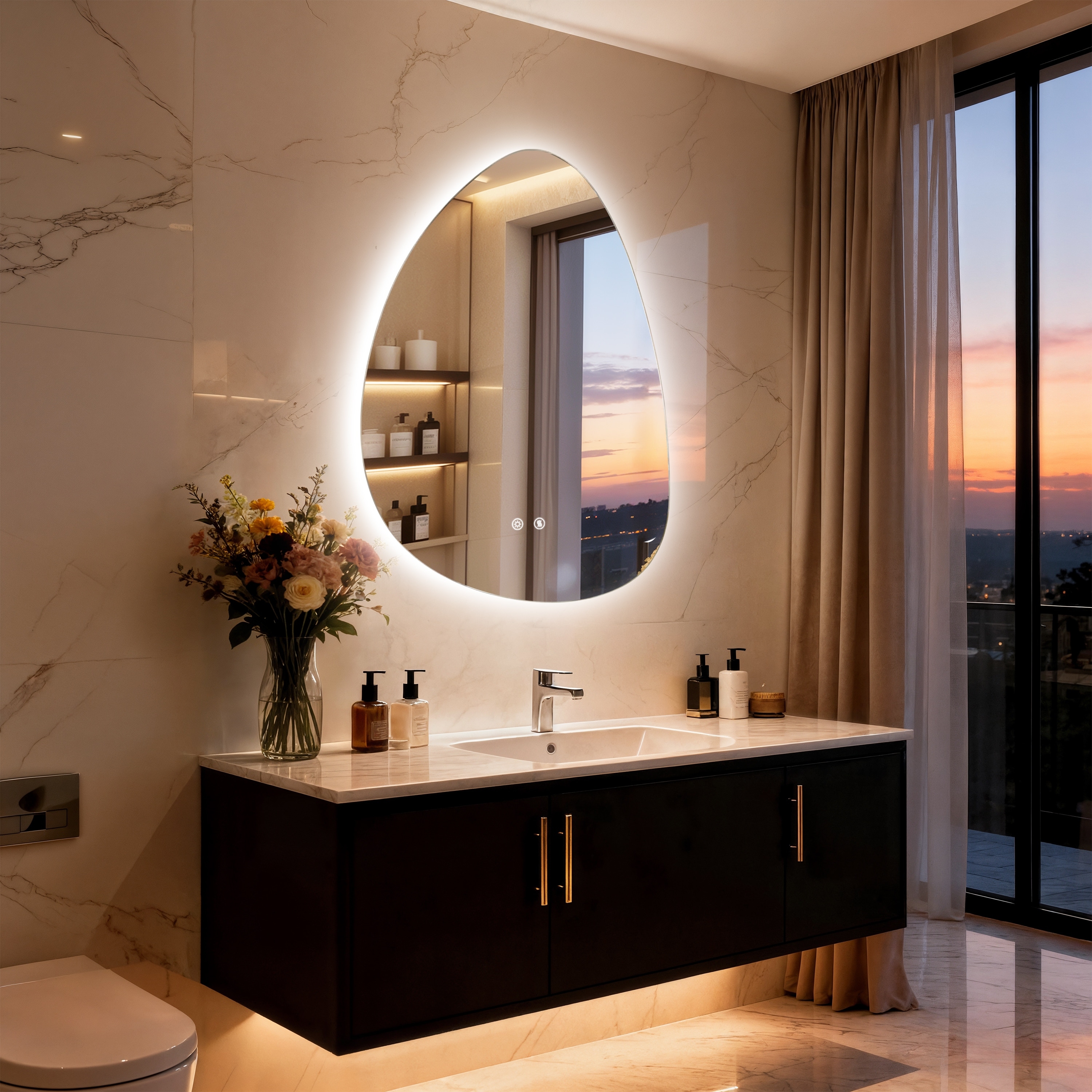 Irregular LED Bathroom Mirror, Asymmetrical Backlit Vanity, Frameless Lighted Mirror with Anti-Fog, Dimmable, Memory Function