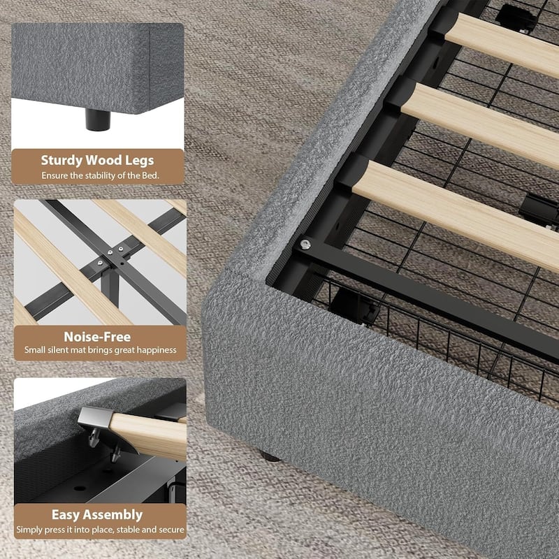 Boucle Upholstered Platform Bed Frame, with 2 Storage Drawers