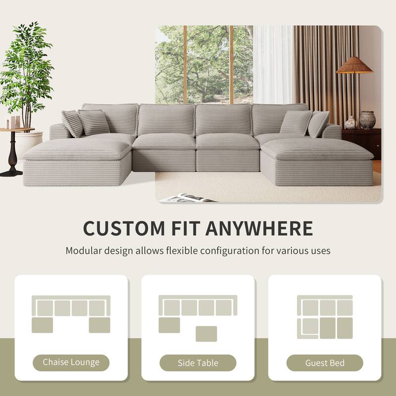 U Shaped Modular Sectional Sofa with Ottomans, Oversized Corduroy Upholstered Cloud Sofa, Fully Compressed 6 Seat Sofa