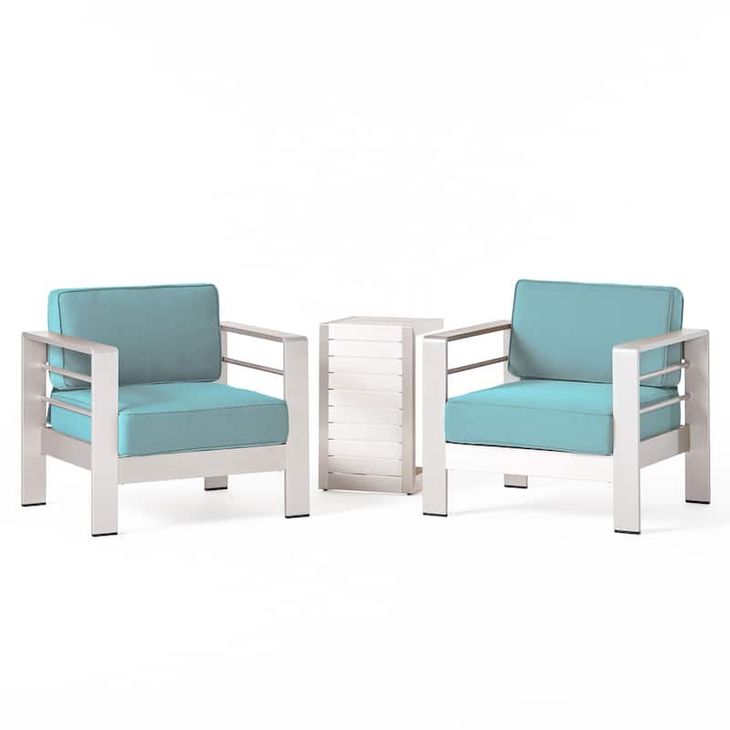 Cape Coral Outdoor Aluminum 3 Piece Chat Set with C Shaped Table by Christopher Knight Home