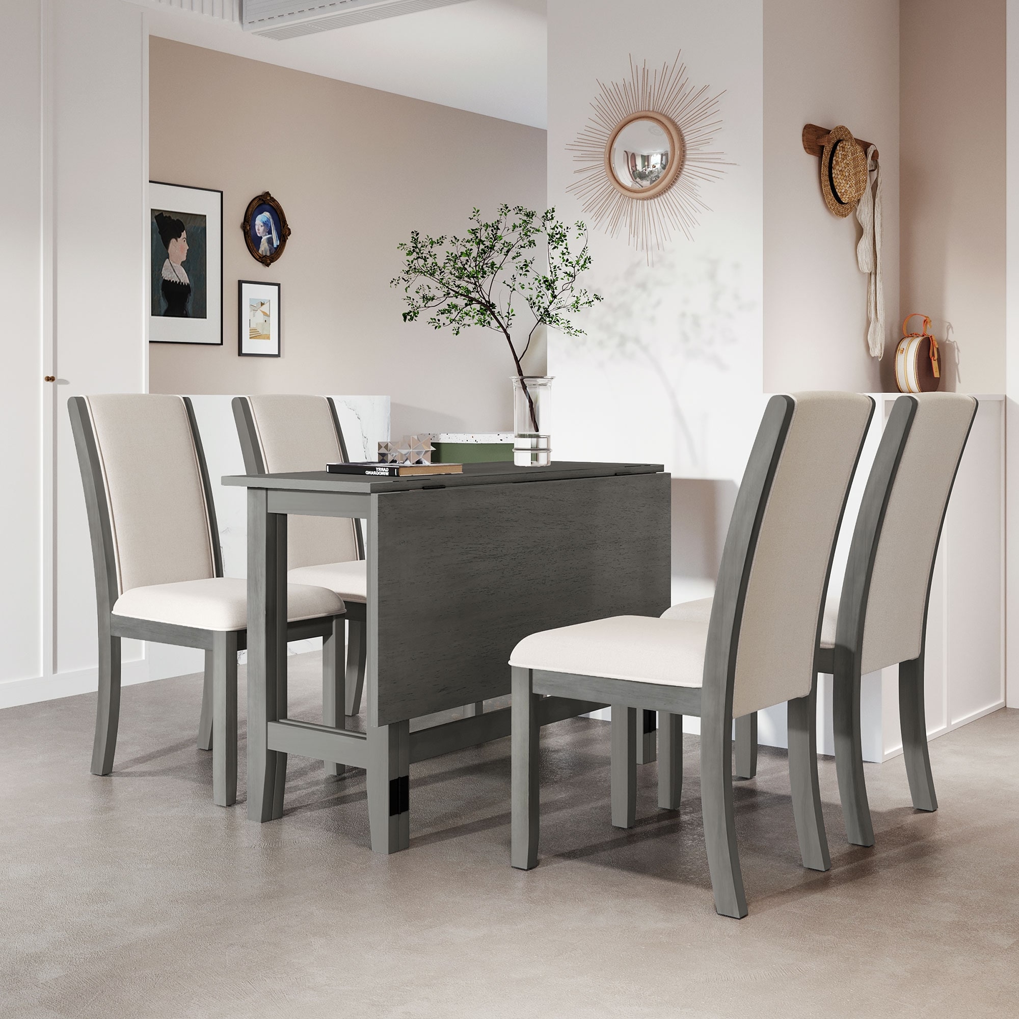Farmhouse 5 Piece Wood Extendable Dining Table Set with Drop Leaf