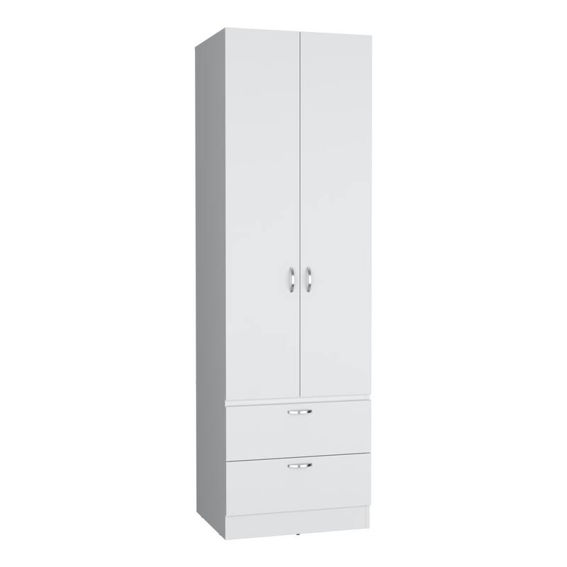 19.5" Modern Double-door Armoire with 2 Drawers, One Shelf and Hanging Rod