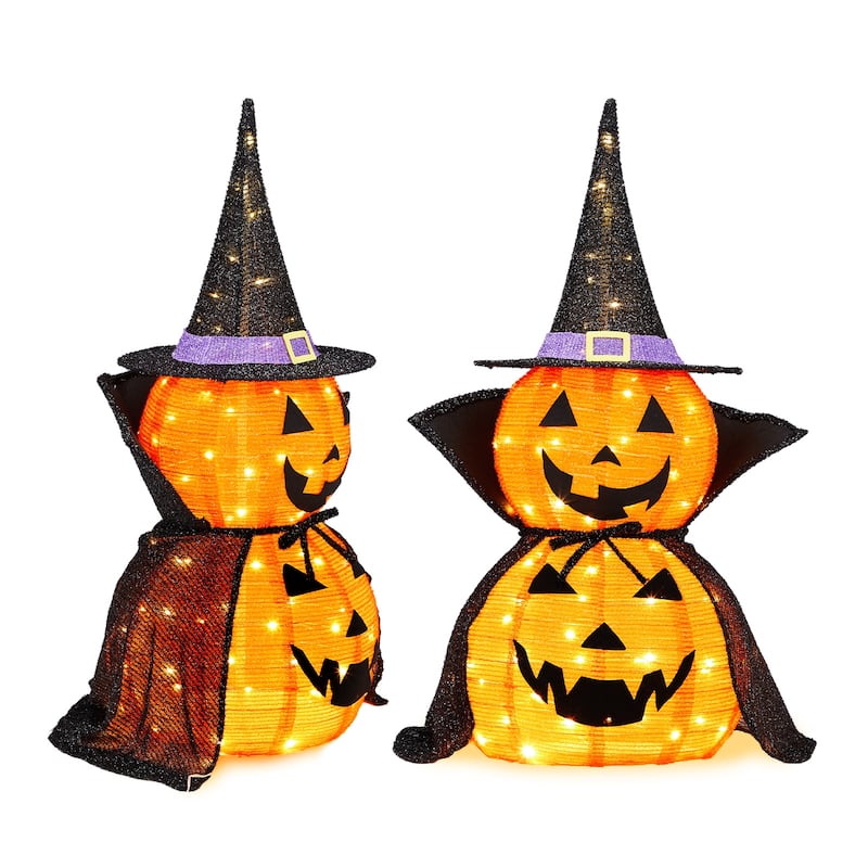 2-Pack 3 Feet Halloween Pumpkin Decorations with 176 Warm LED Lights for Indoor or Outdoor Use - 12"Dia x 36"H