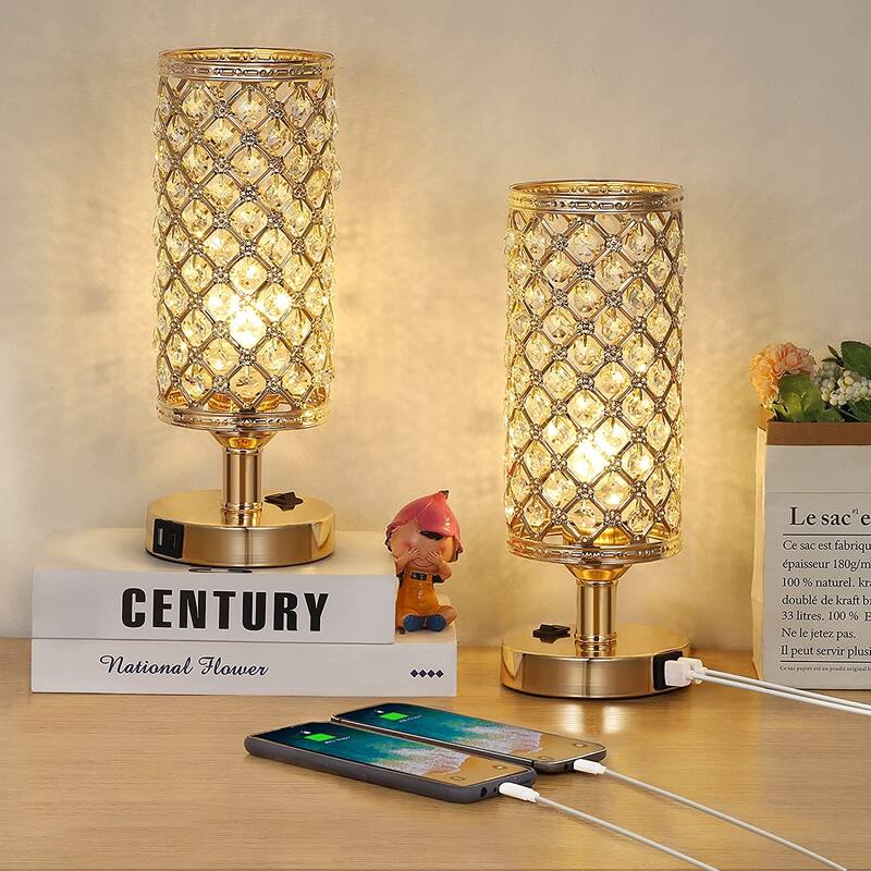 Crystal Table Lamp with 2 USB Charging Ports