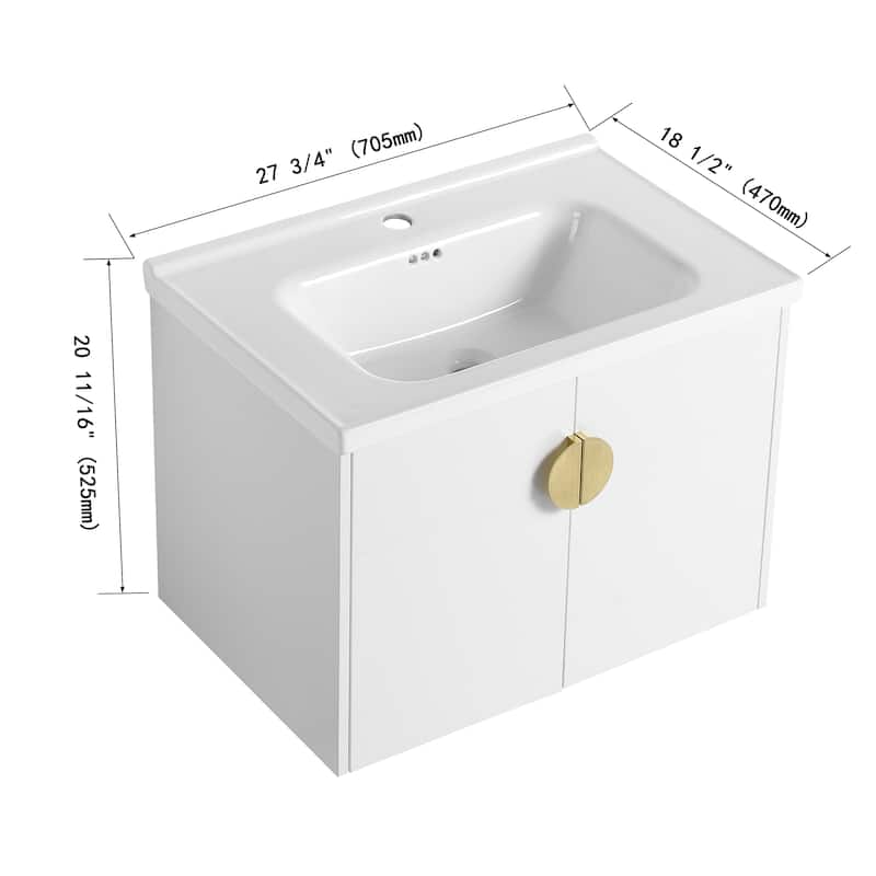 Malwee 24"/28" Floating Bathroom Vanity, Wall Mounted Bathroom Vanity with Ceramic Sink and Soft Close Door