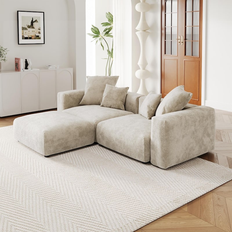 Comfy Corduroy Upholstered Deep Seat Sofa & Couch With Wood Legs and 4 Pillows - Beige