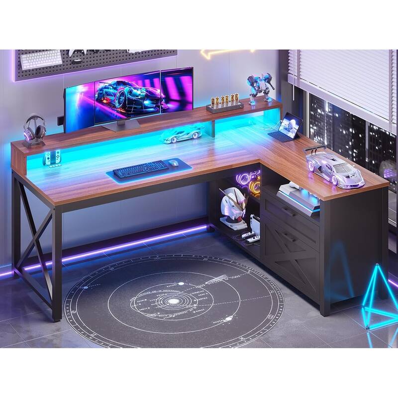 L Shaped Desk 55" Home Office Desk Drawers Storage Shelves - Walnut