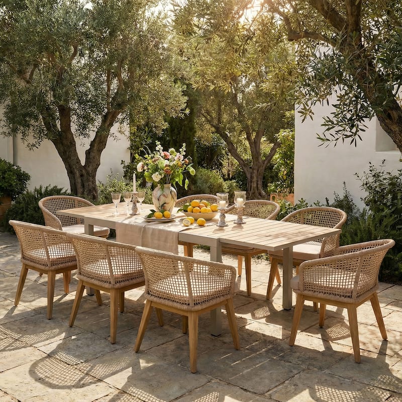 Extendable Outdoor Dining Set with Woven Rope Back Chairs with Cushions and All-Weather Aluminum Patio Table