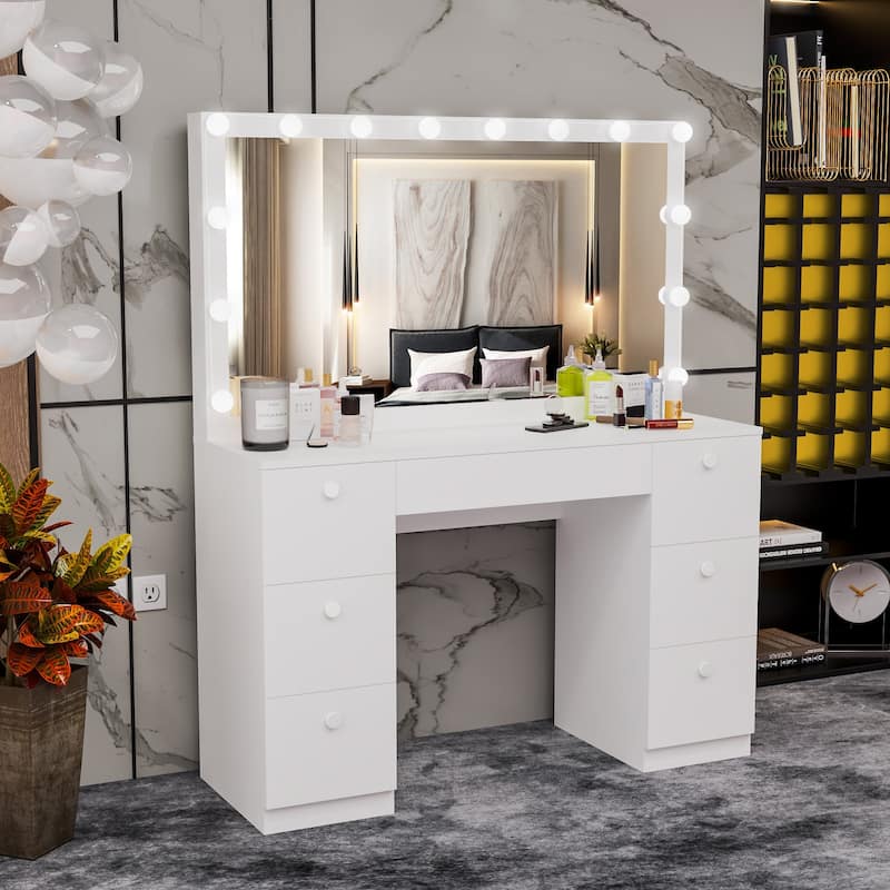 Boahaus Modern Vanity with Light Bulbs, 07 Drawers, Mirror
