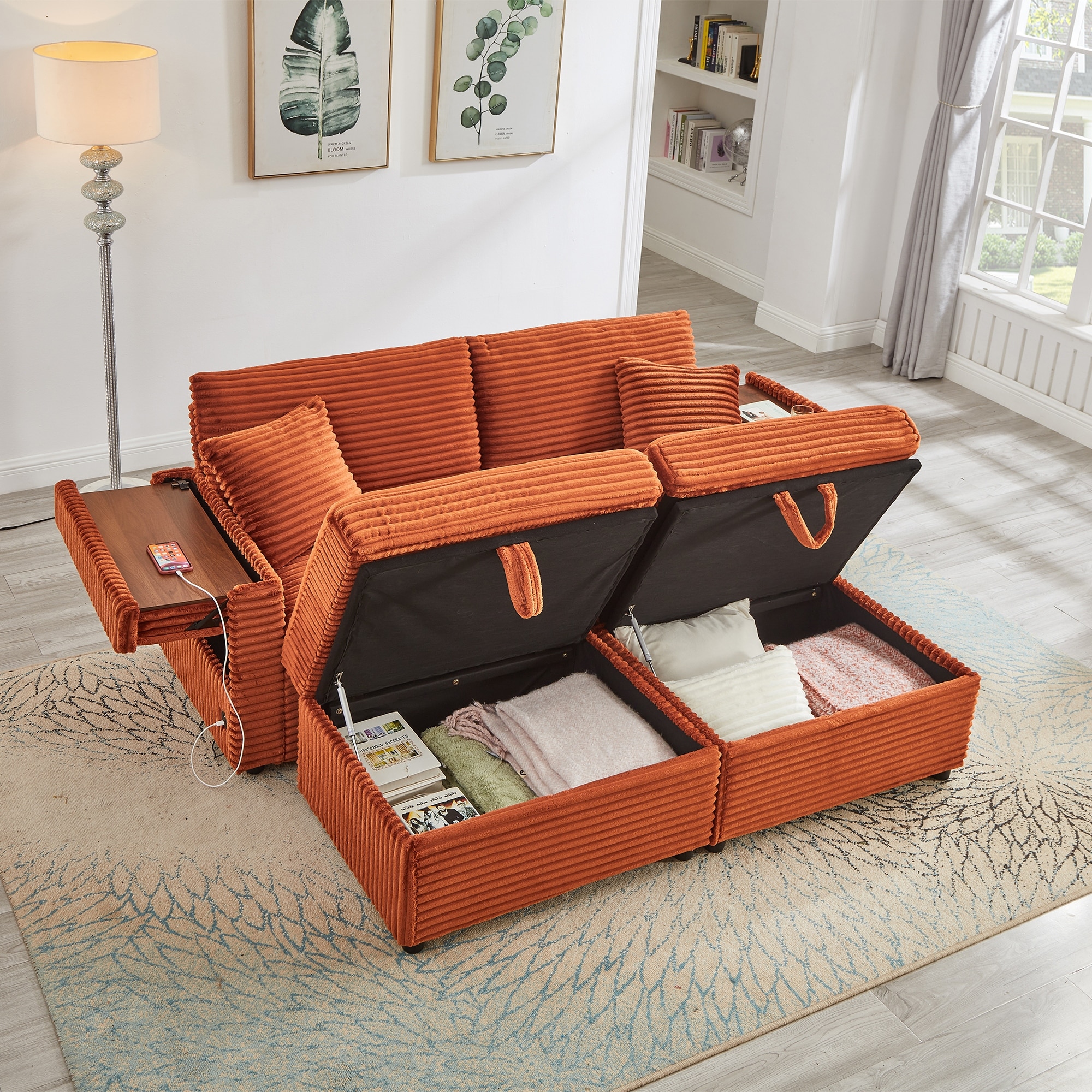 Corduroy Chaise Lounge Sectional Sofa w/Storage Ottoman, Folding Arm Table, Charging Port for Living Loveseat Accent Chairs