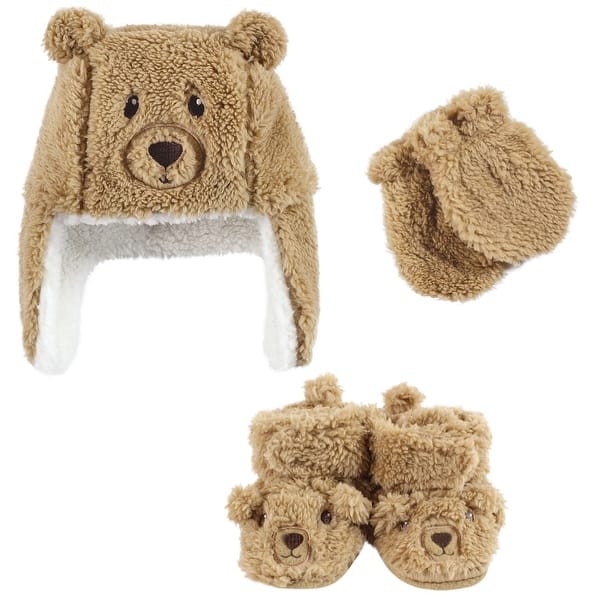 slide 2 of 2, Hudson Baby Unisex Baby Trapper Hat, Mitten and Bootie Set, Tan Bear 0-6 Months - Tan Bear